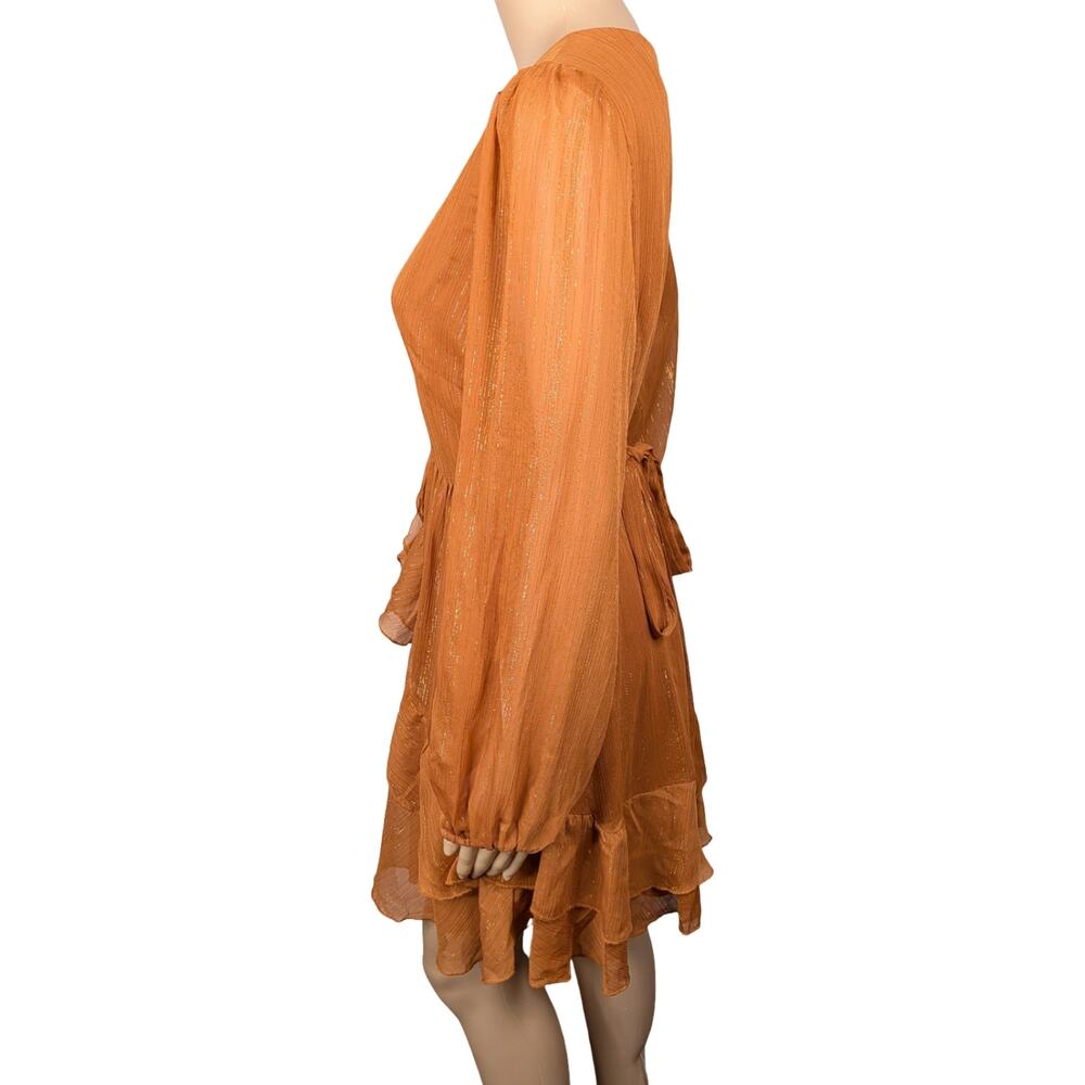 Showpo Burnt Orange Metallic V-neck Long Sleeve Ruffled Mini Party Dress SZ 12 - Picture 5 of 8